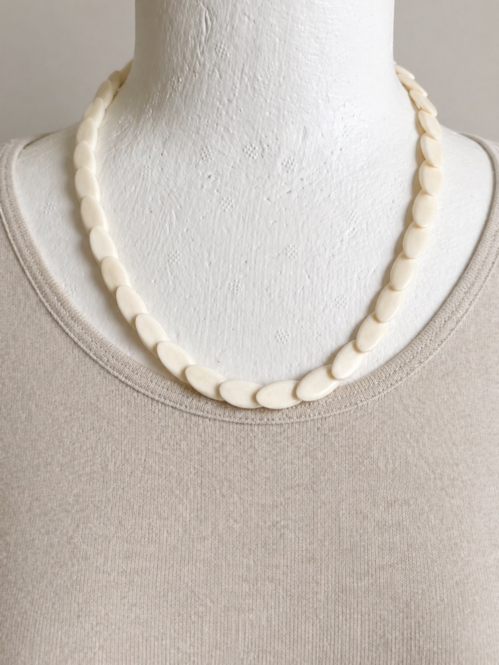 Vintage Natural Bone Oval Bead Necklace, 9.5”